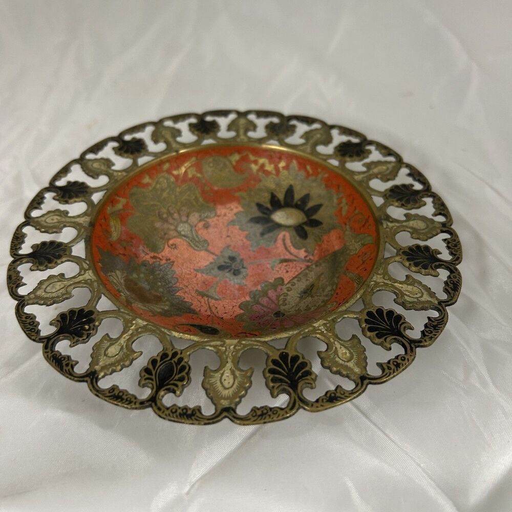 Vintage Brass Filigree Bowl Floral Enamel Center Dish Decorative Trinket Dish